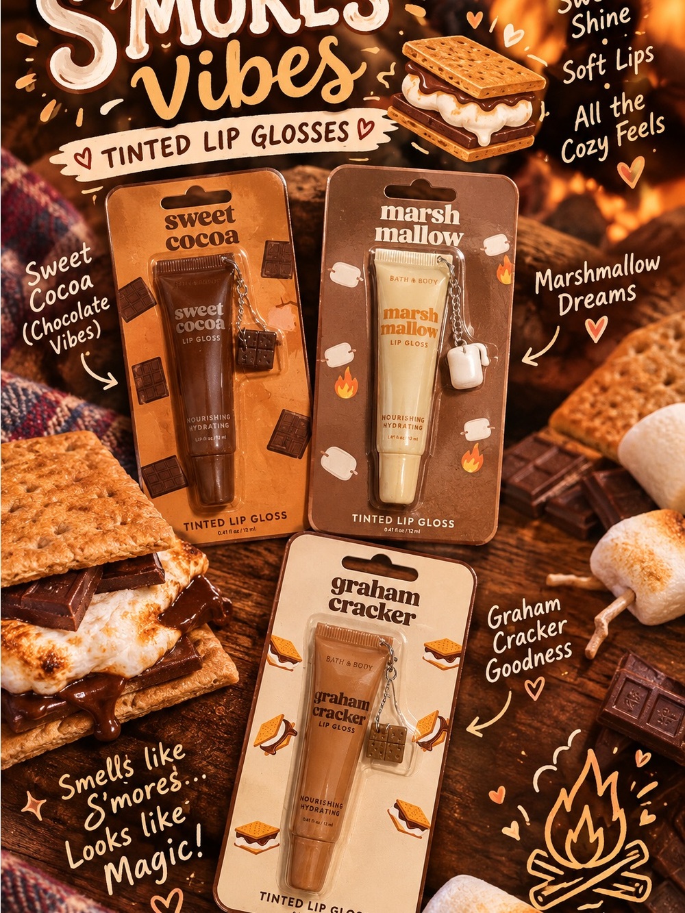 S’mores Tinted Lip Gloss Set of 3 with Charms Cocoa, Graham Cracker, Marshmallow